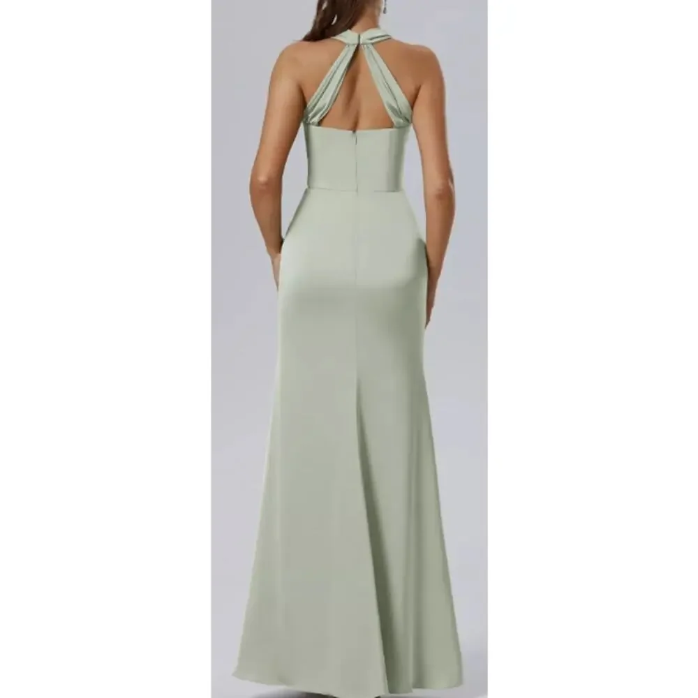 AW BRIDAL SZ 6 S sage green satin charmeuse Maharaol formal maxi dress NEW b53 - Picture 2 of 6